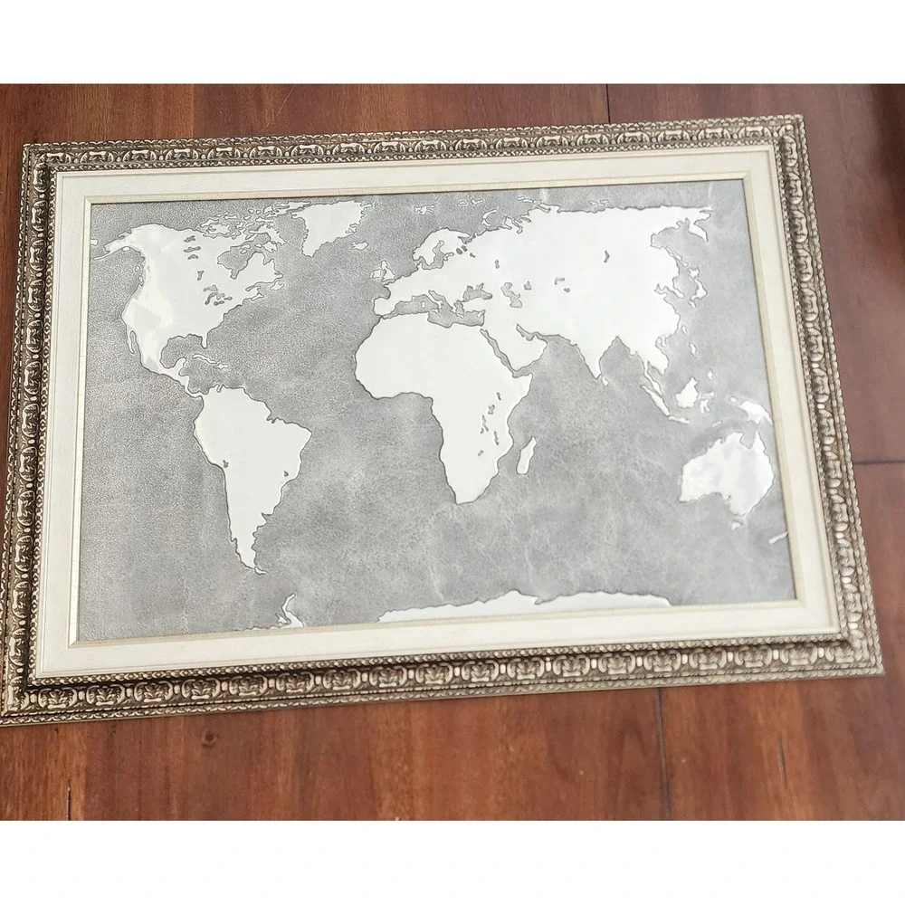 Handmade Framed World Map‎ Wall Art Silver Gray Textured Background